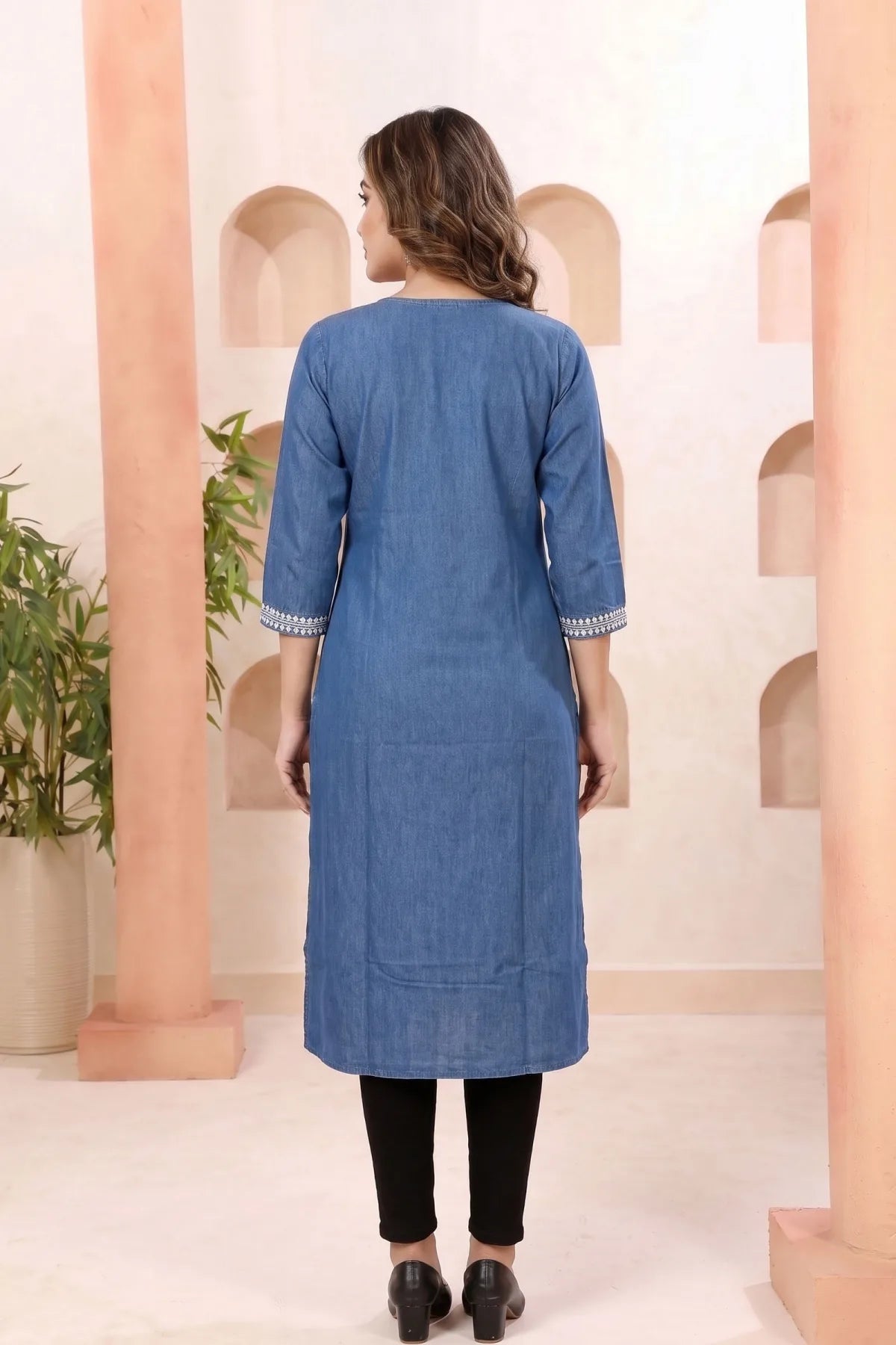 Indigo Denim Long Kurti with Chikankari Embroidery