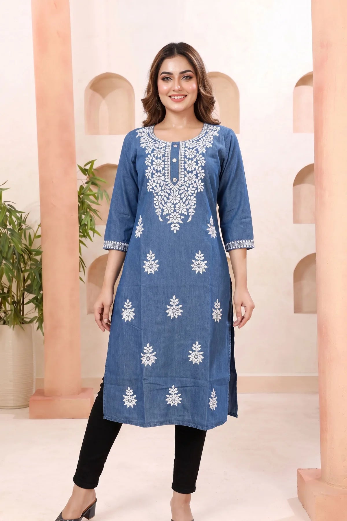 Indigo Denim Long Kurti with Chikankari Embroidery