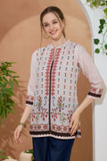 Beige Ethnic Print Cotton Short Kurti with Ban Collar