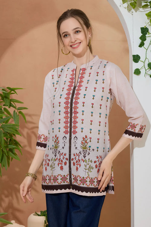 Beige Ethnic Print Cotton Short Kurti with Ban Collar