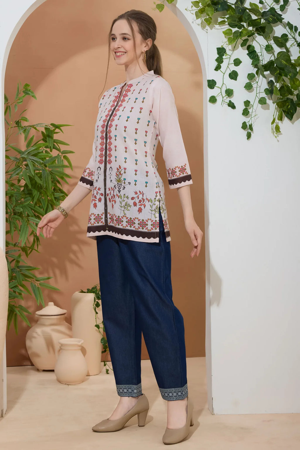 Beige Ethnic Print Cotton Short Kurti with Ban Collar