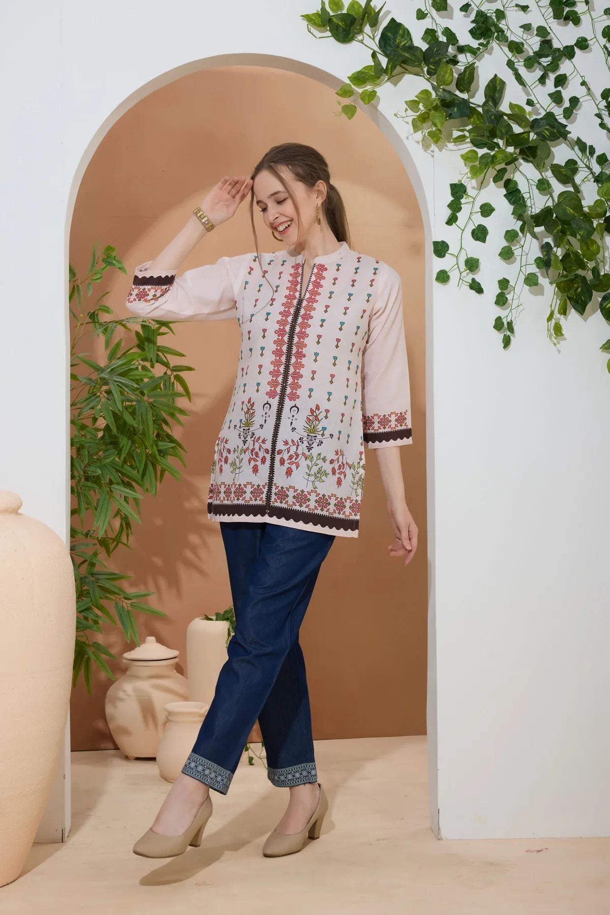 Beige Ethnic Print Cotton Short Kurti with Ban Collar