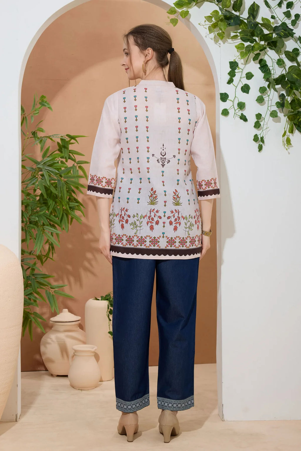 Beige Ethnic Print Cotton Short Kurti with Ban Collar