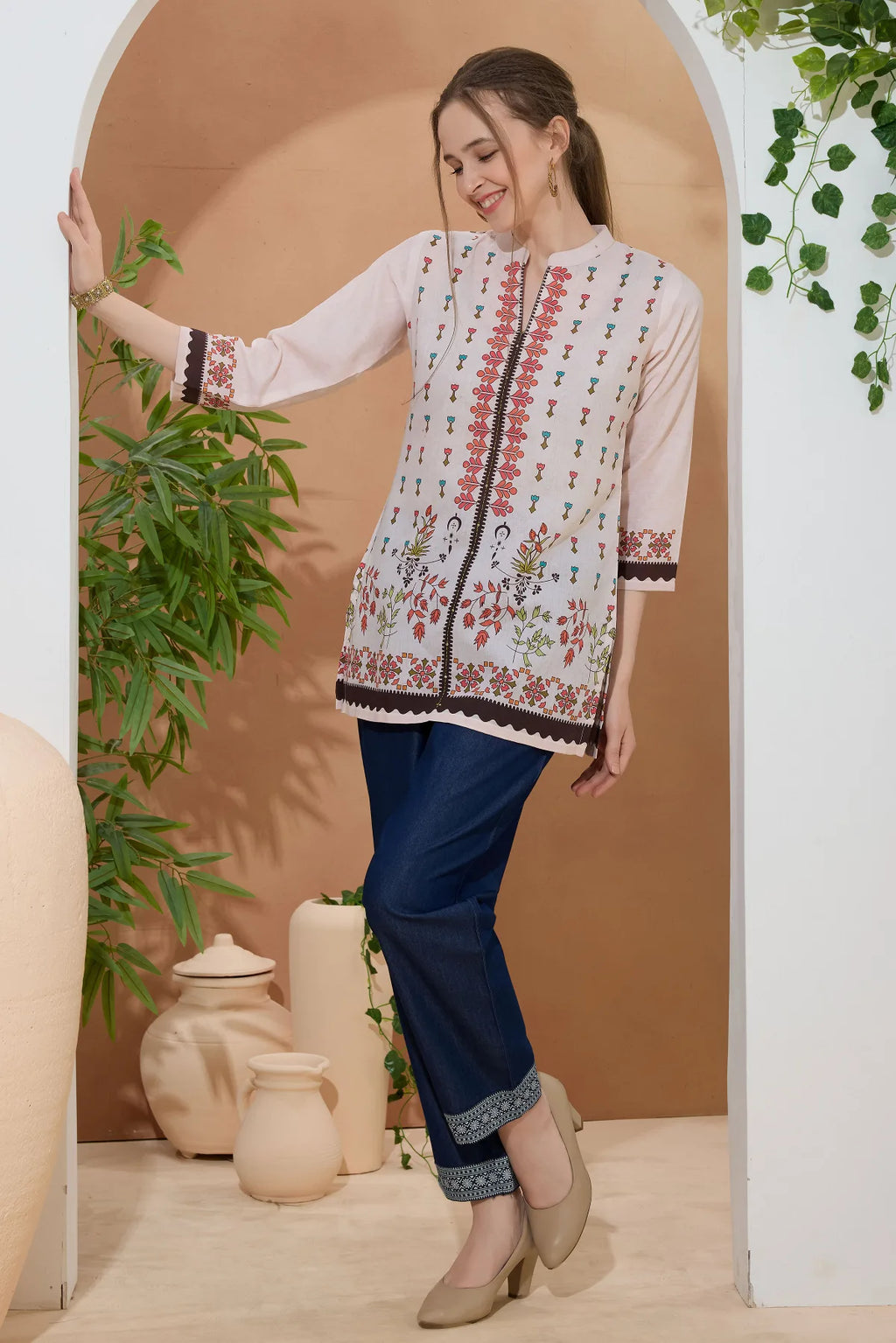 Beige Ethnic Print Cotton Short Kurti with Ban Collar