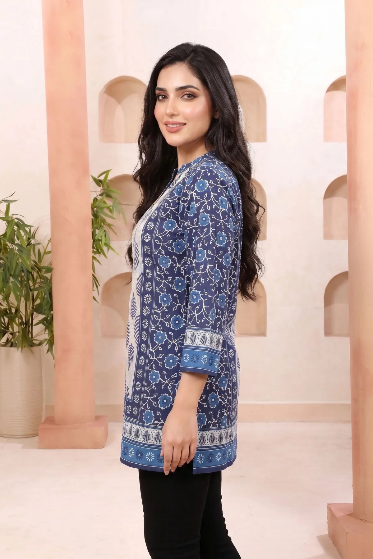 Indigo Blue Tunic with Ban Collar and Leaf Print