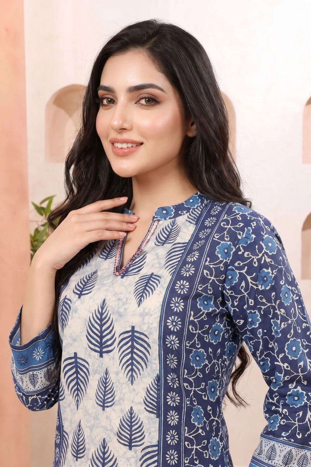 Indigo Blue Tunic with Ban Collar and Leaf Print