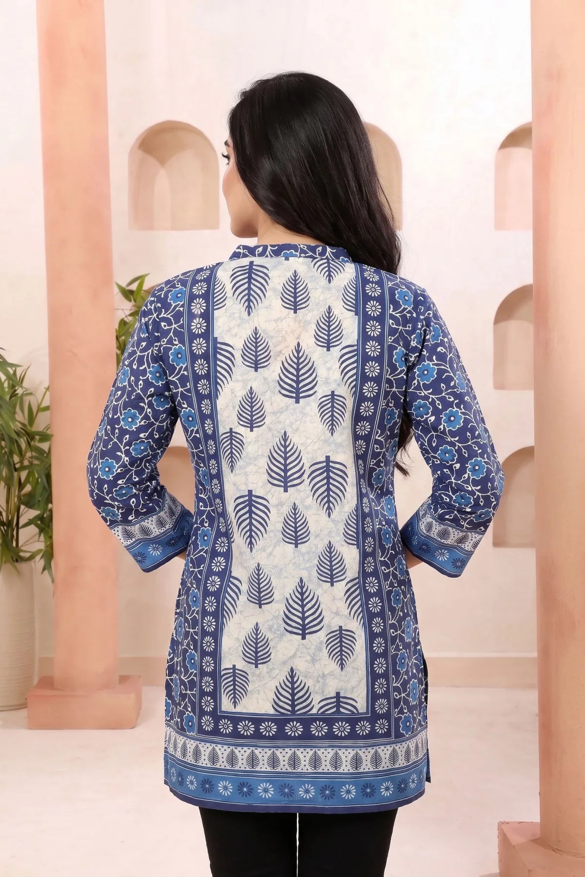 Indigo Blue Tunic with Ban Collar and Leaf Print