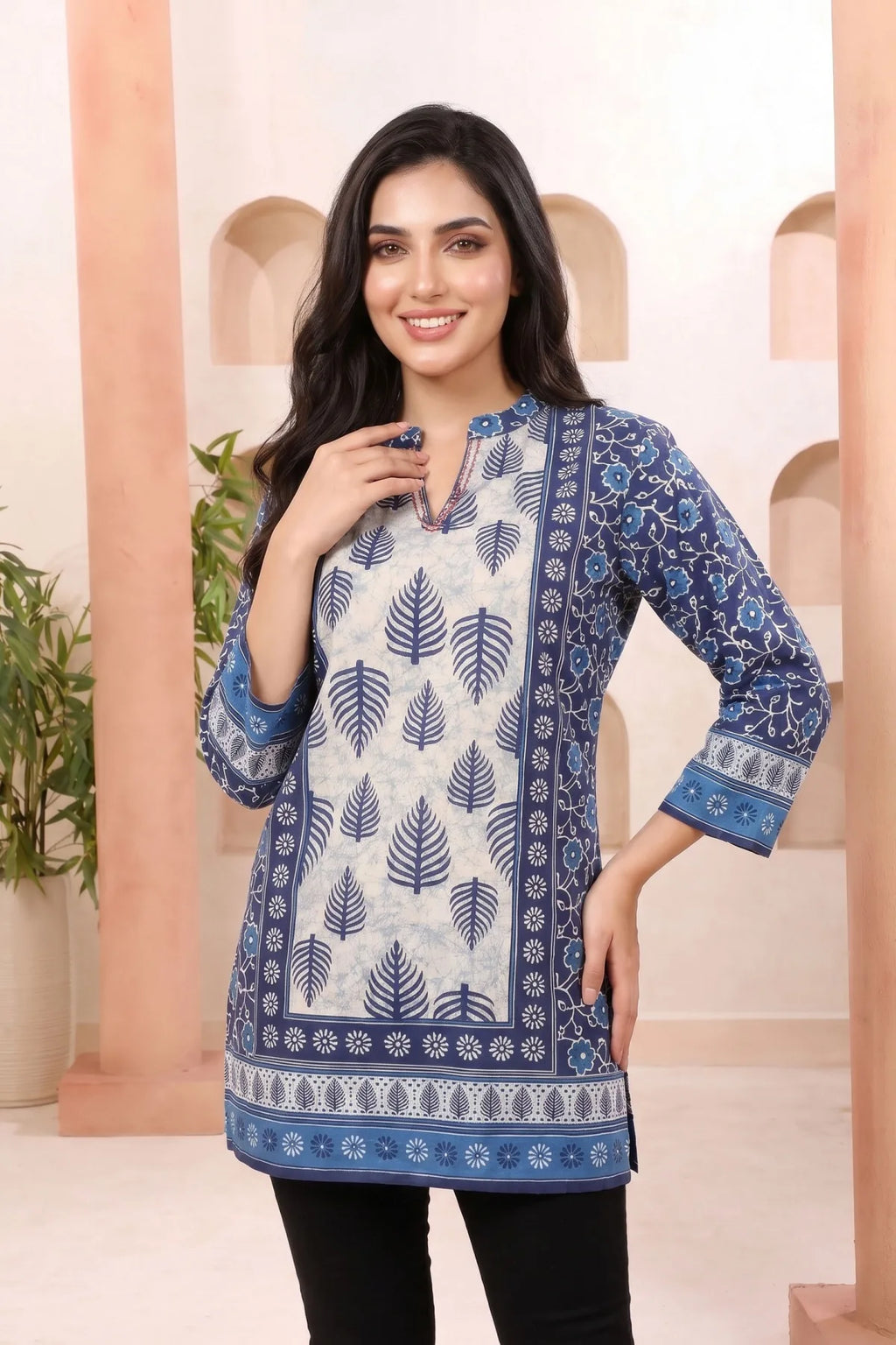 Indigo Blue Tunic with Ban Collar and Leaf Print