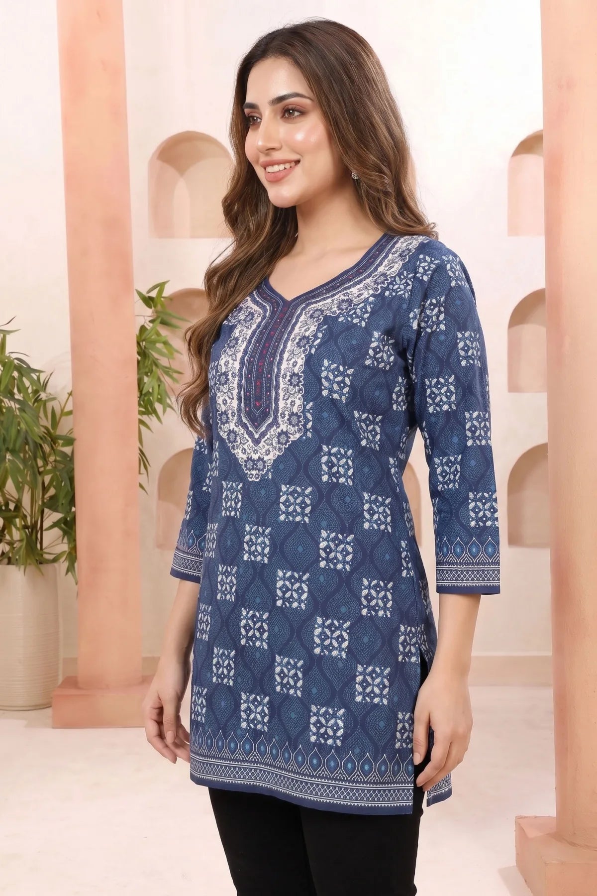 Indigo Blue Geometric Print Tunic with Round Neck
