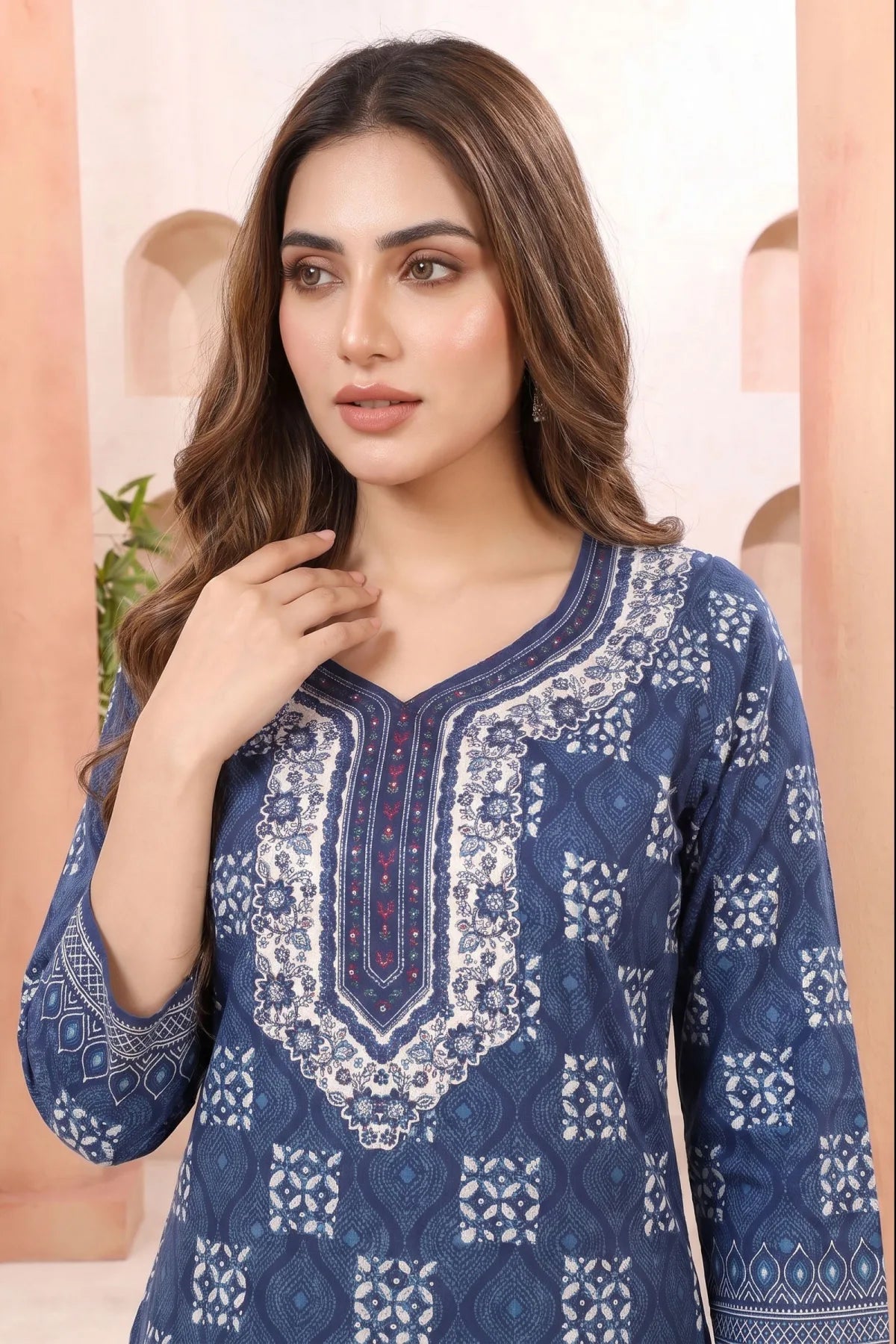 Indigo Blue Geometric Print Tunic with Round Neck