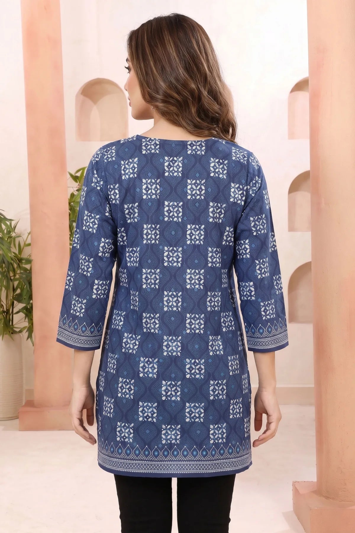 Indigo Blue Geometric Print Tunic with Round Neck