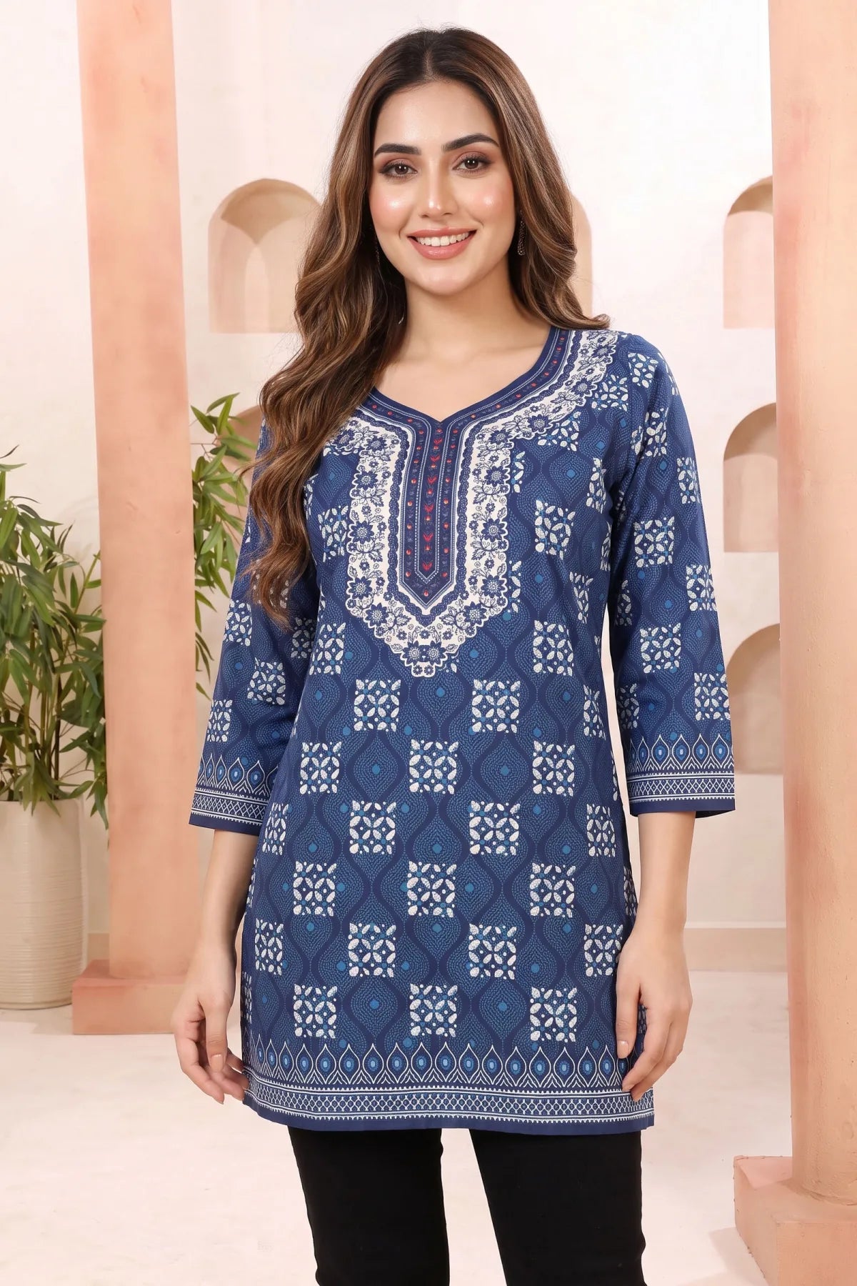 Indigo Blue Geometric Print Tunic with Round Neck