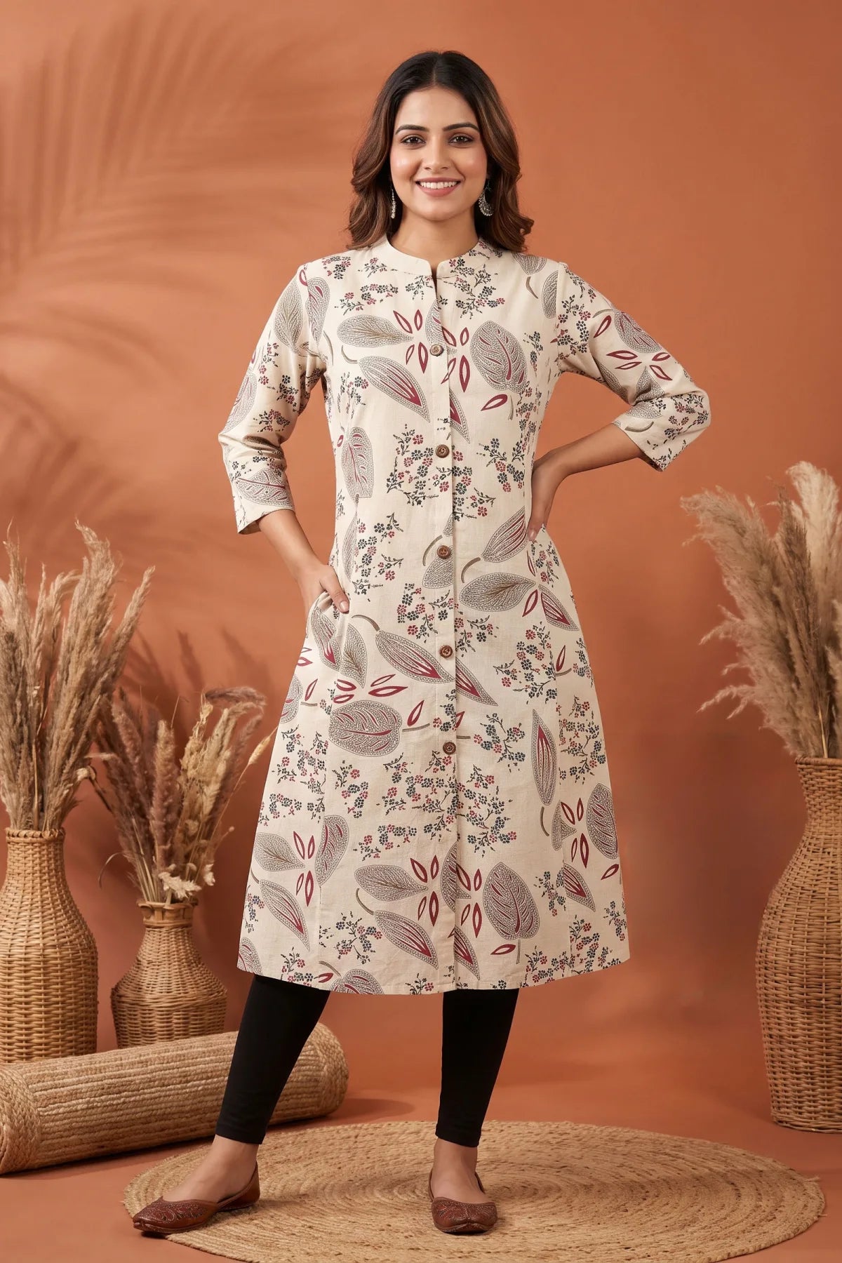 Cream Cotton A Line Princess Cut Kurta with Leaf Print