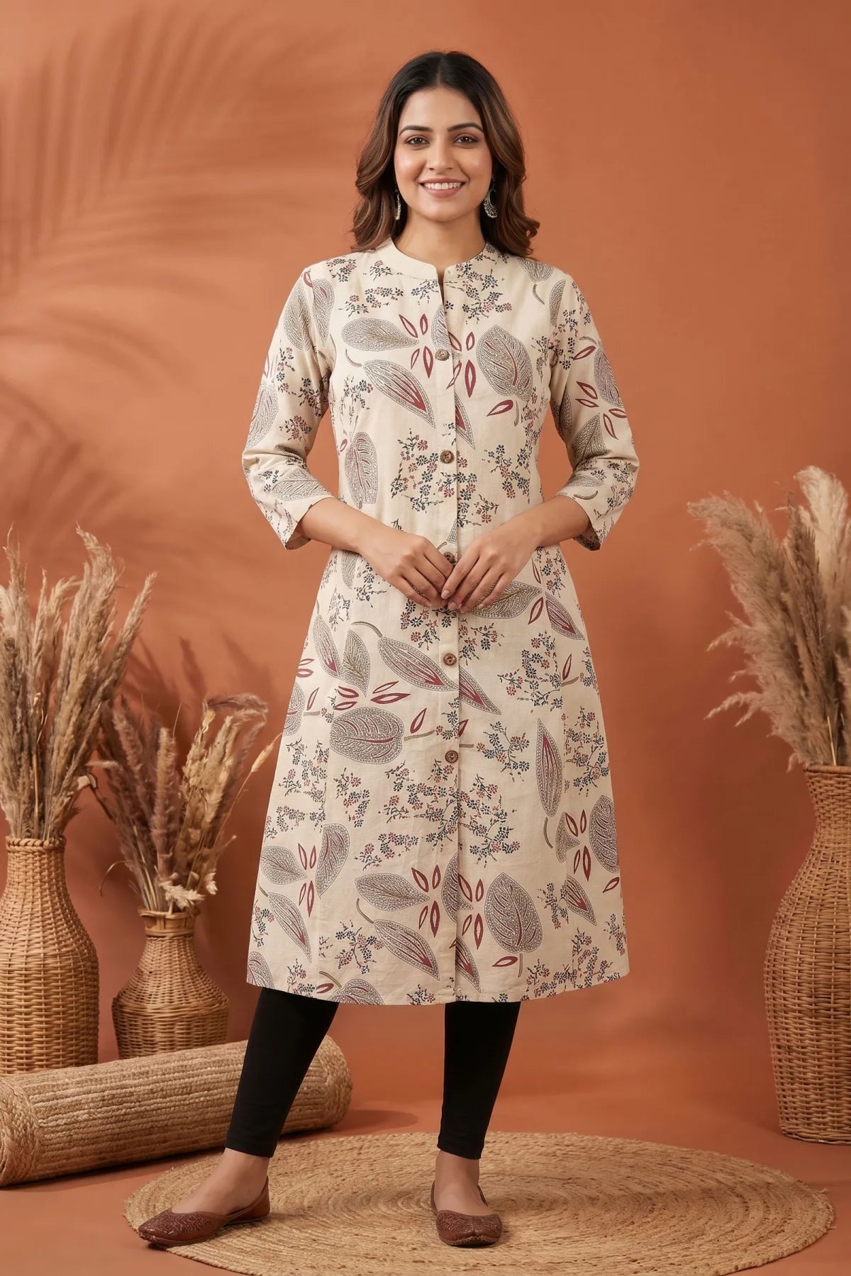 Cream Cotton A Line Princess Cut Kurta with Leaf Print
