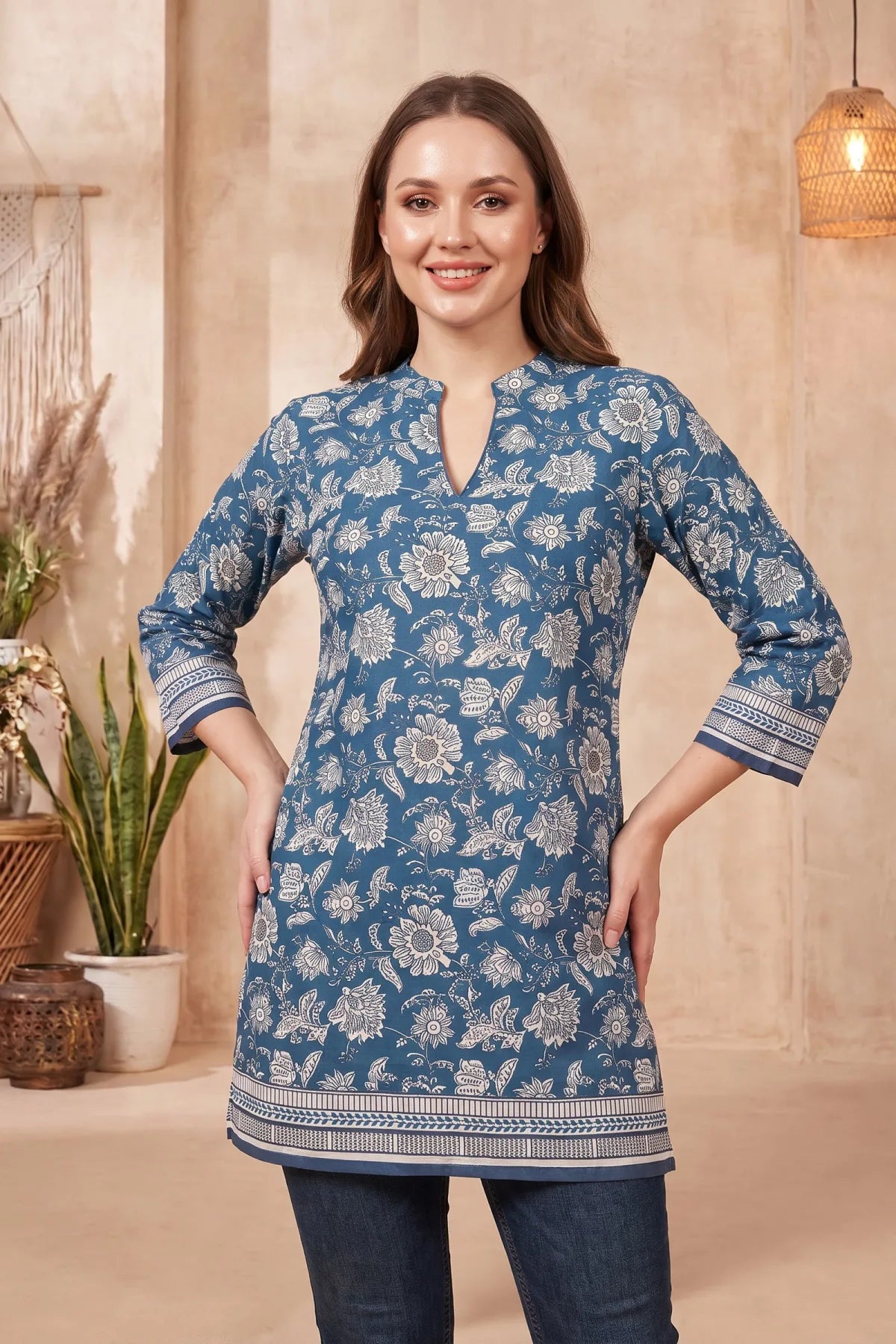Indigo Blue Jaipuri Print Cotton Blend Short Kurti with Band Collar
