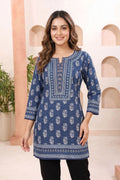 Indigo Cotton Short Kurti with Round Neck Botanical Print