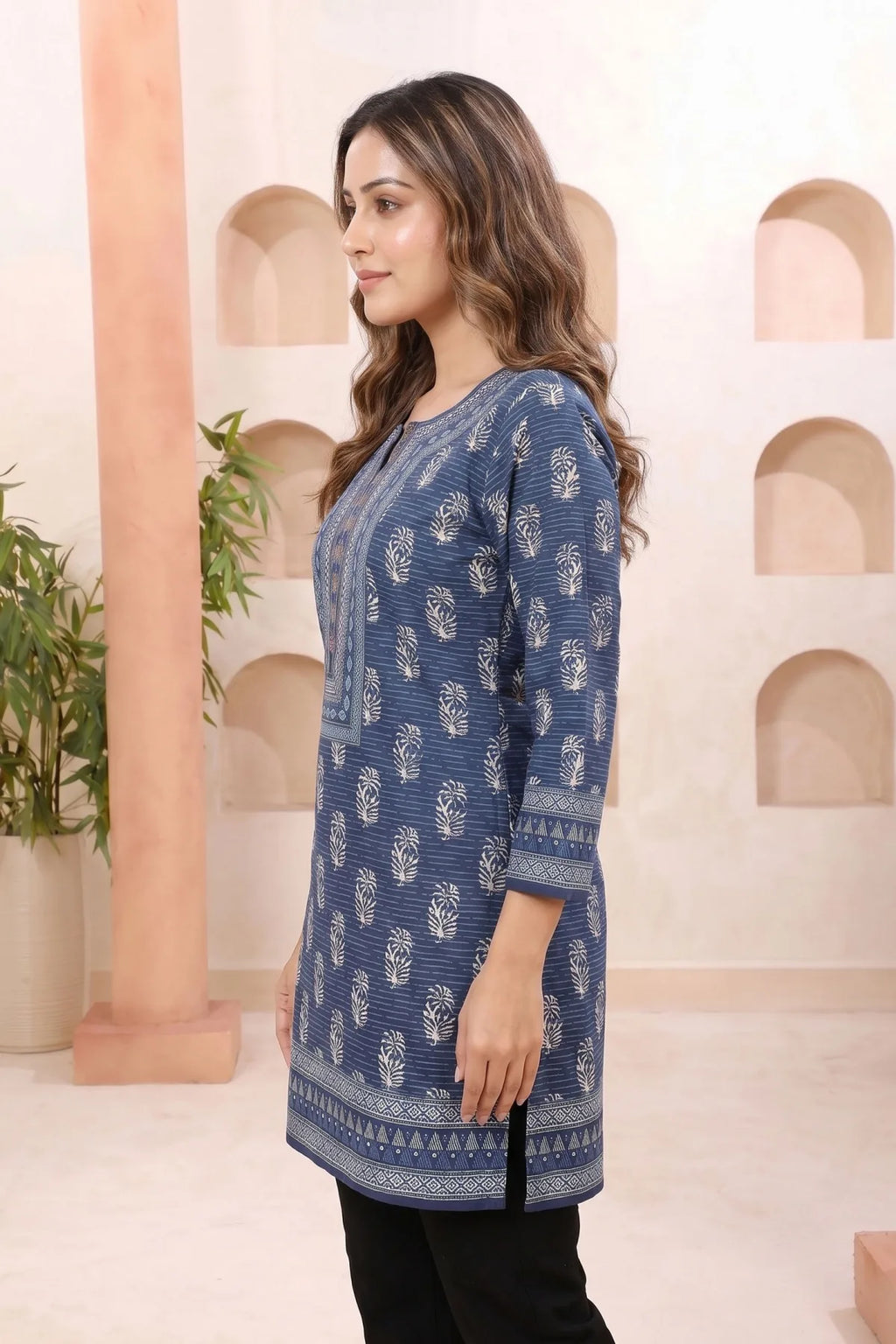 Indigo Cotton Short Kurti with Round Neck Botanical Print