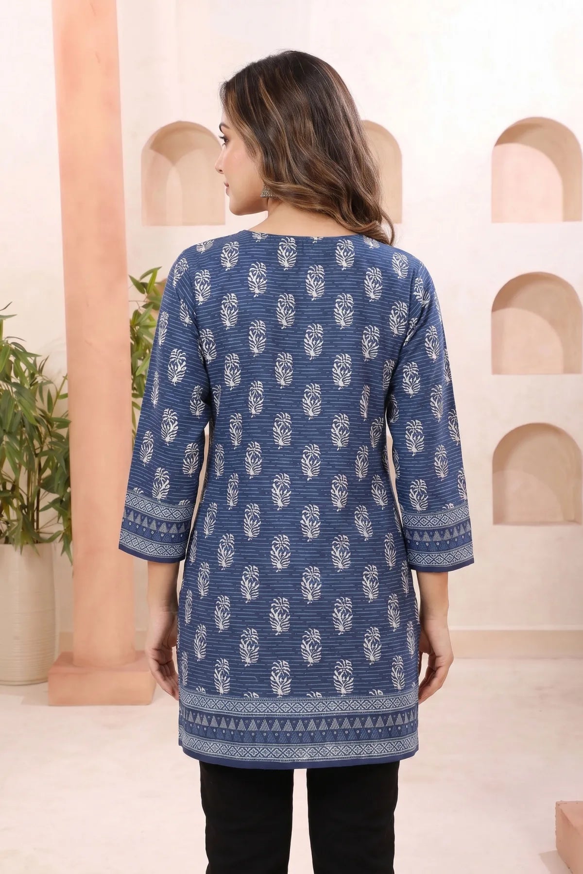Indigo Cotton Short Kurti with Round Neck Botanical Print