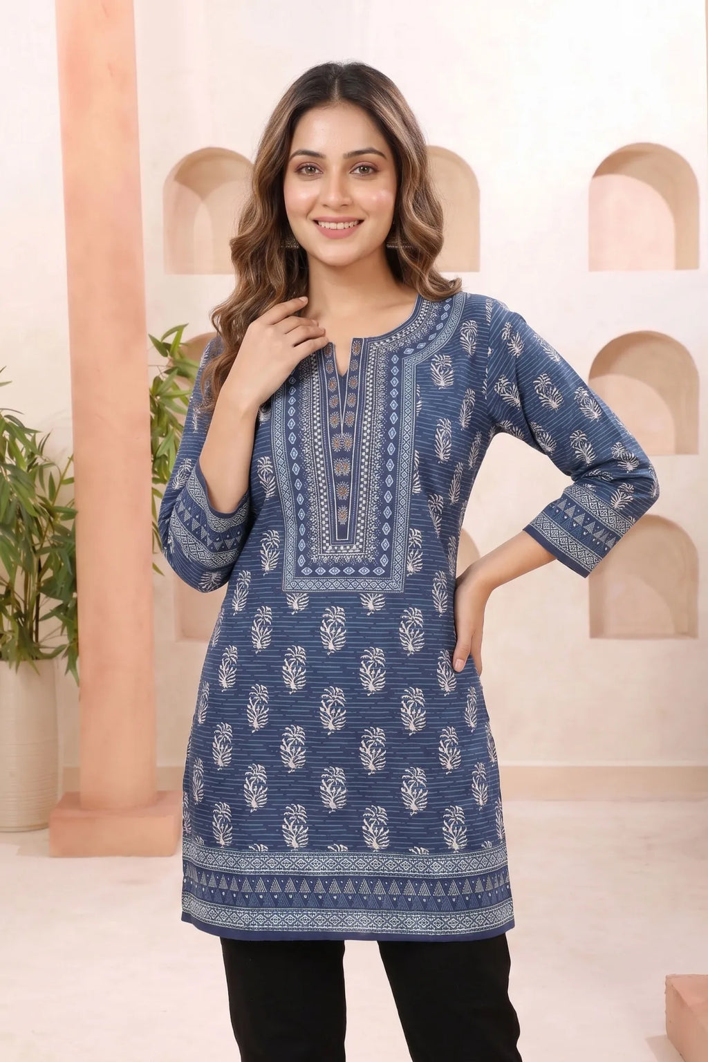 Indigo Cotton Short Kurti with Round Neck Botanical Print