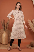 Cream Cotton Long Kurti with Ban Collar and Geometric Print