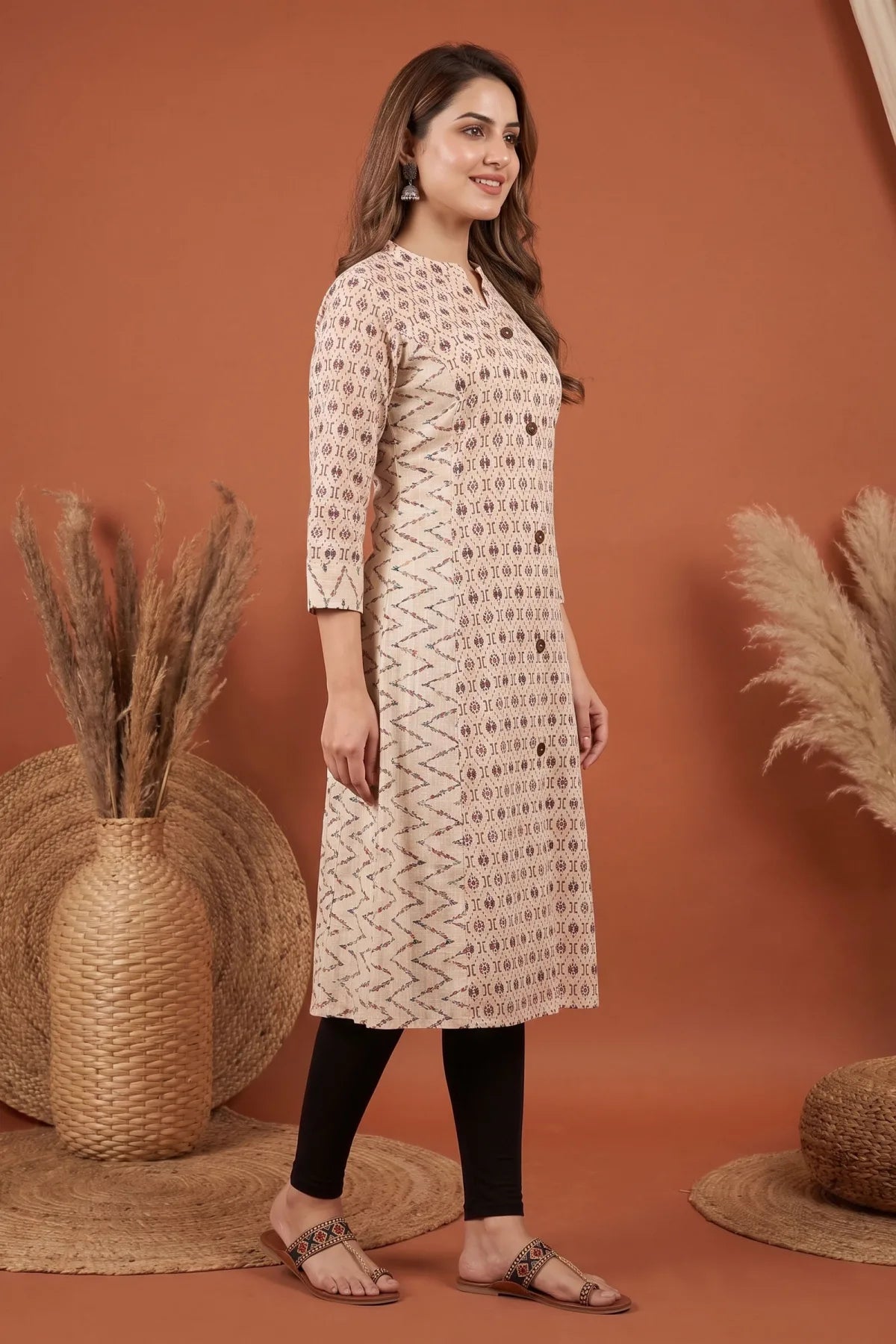 Cream Cotton Long Kurti with Ban Collar and Geometric Print