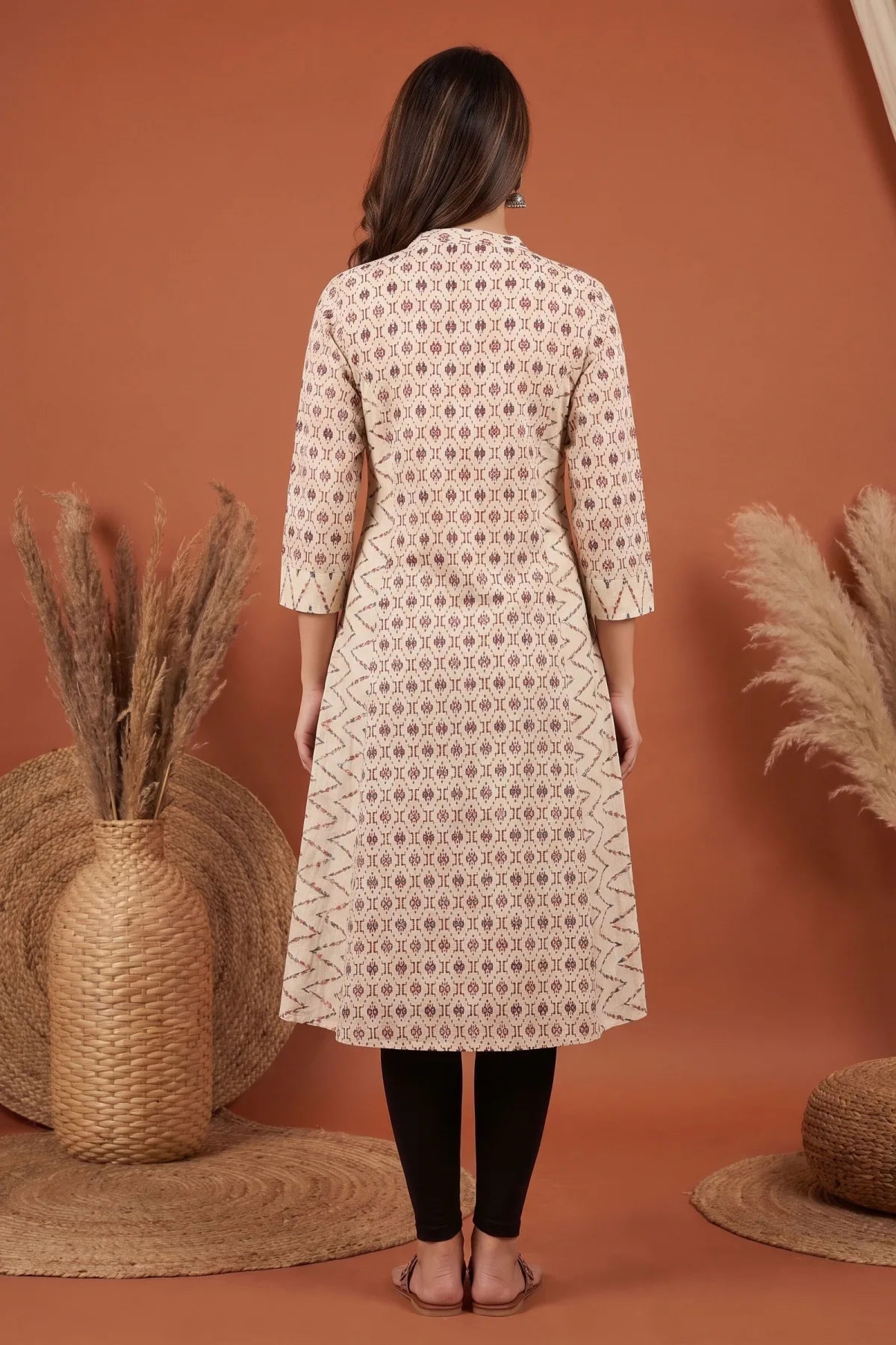 Cream Cotton Long Kurti with Ban Collar and Geometric Print