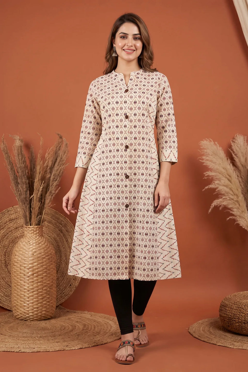 Cream Cotton Long Kurti with Ban Collar and Geometric Print