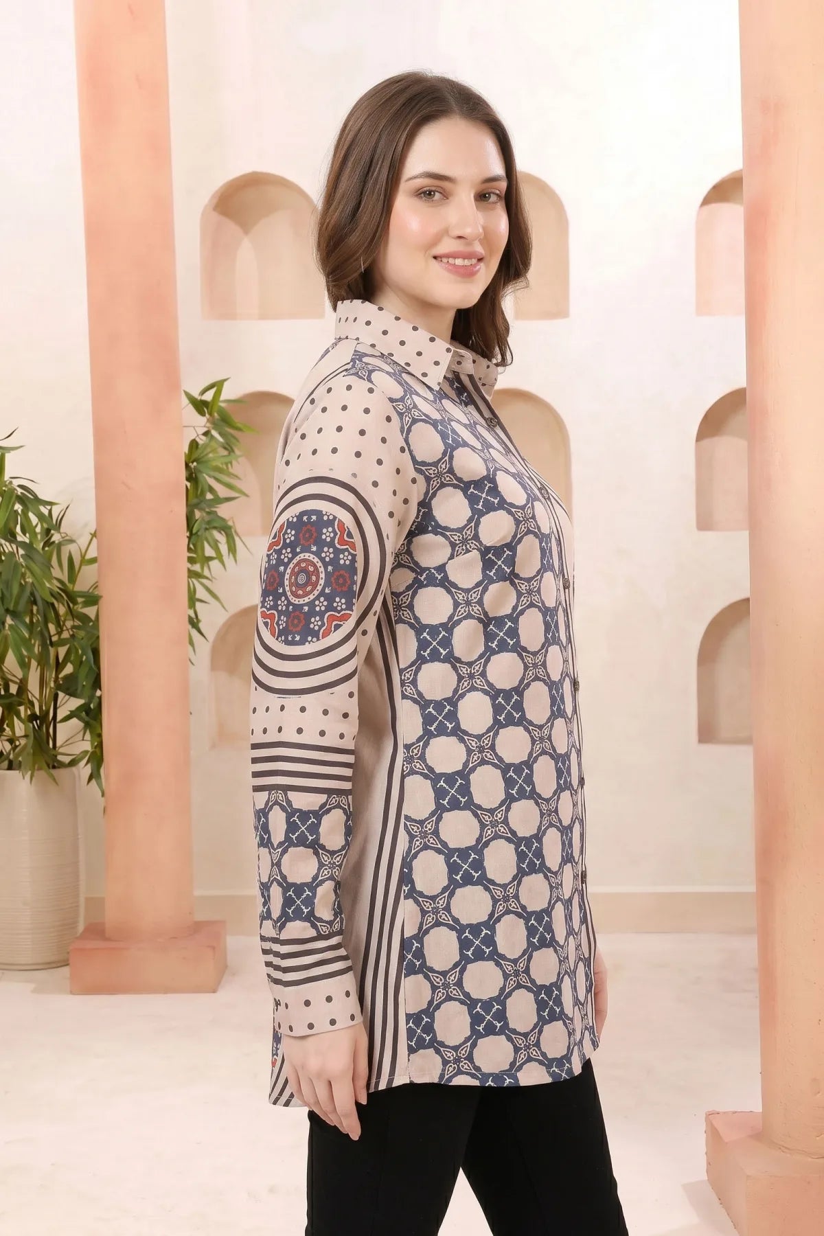 Beige Modal Silk Printed Tunic with Shirt Collar