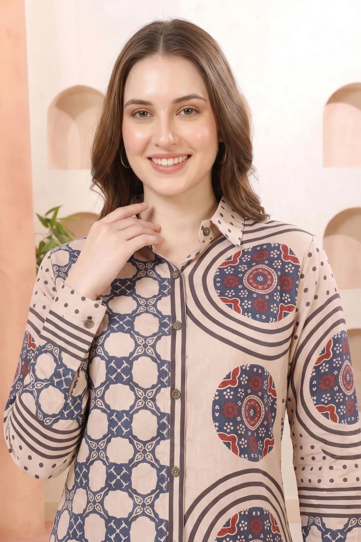 Beige Modal Silk Printed Tunic with Shirt Collar