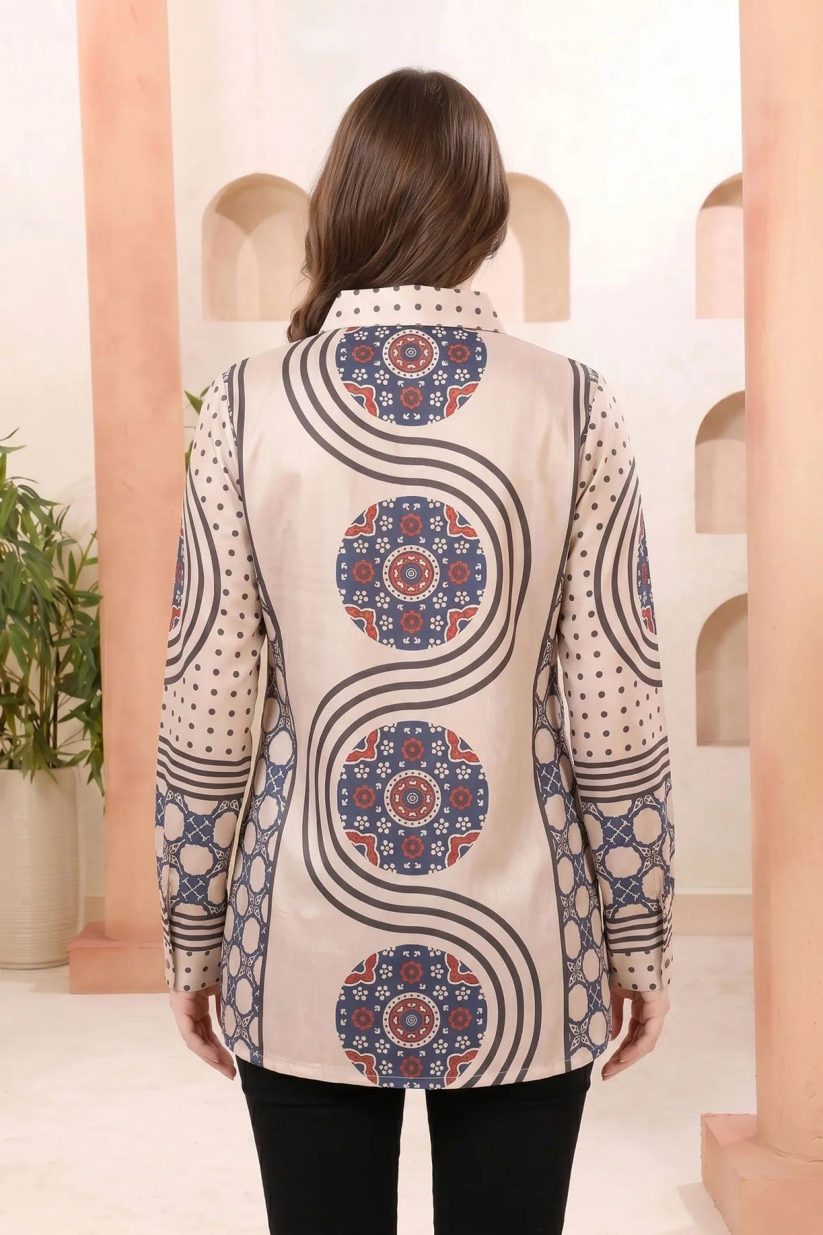Beige Modal Silk Printed Tunic with Shirt Collar