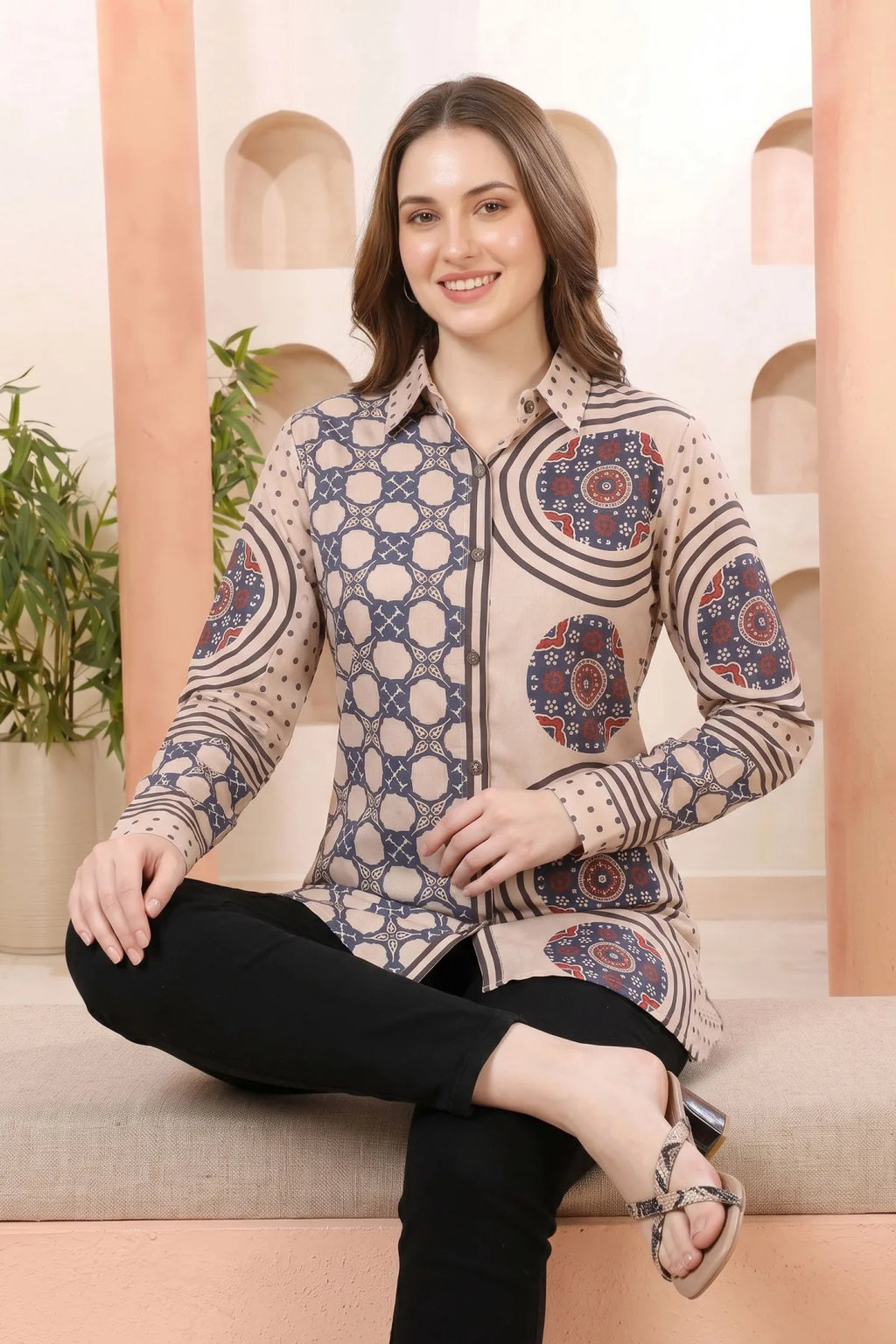 Beige Modal Silk Printed Tunic with Shirt Collar