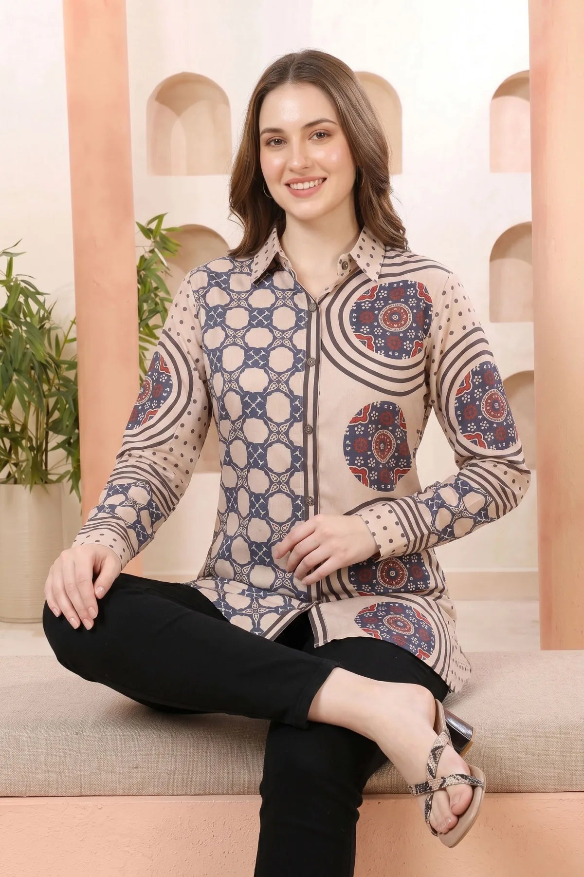 Beige Modal Silk Printed Tunic with Shirt Collar
