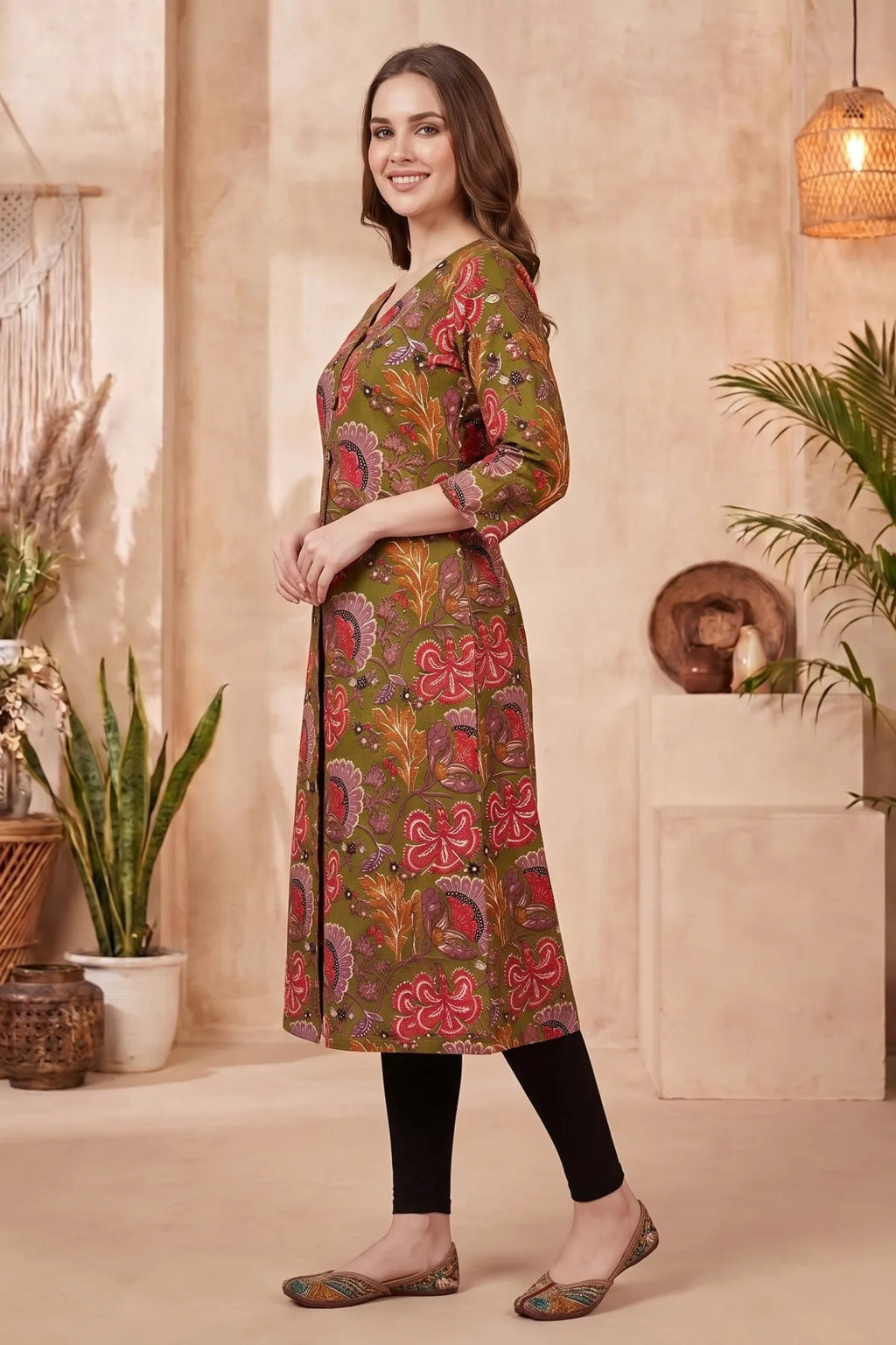 Olive Green Kalamkari Print A Line Long Kurta with V Neck