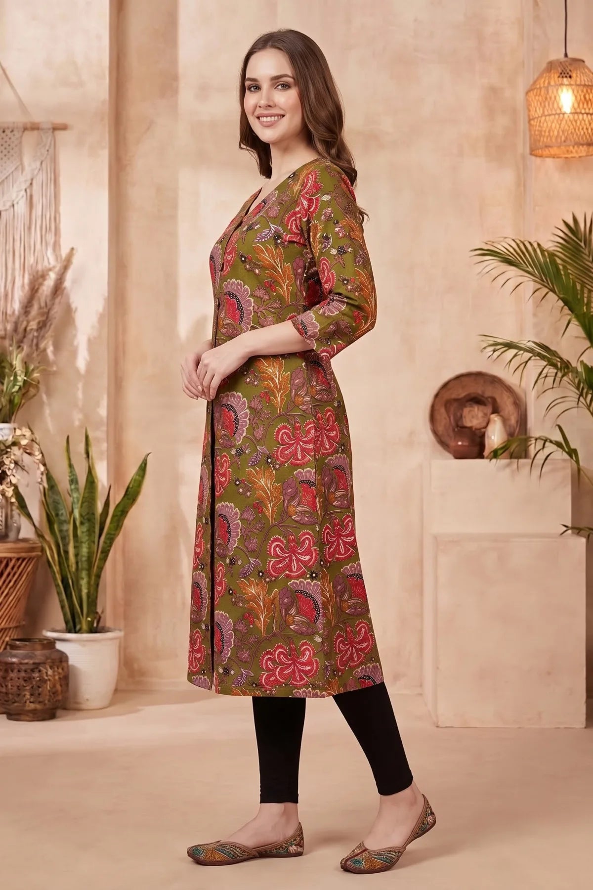 Olive Green Kalamkari Print A Line Long Kurta with V Neck