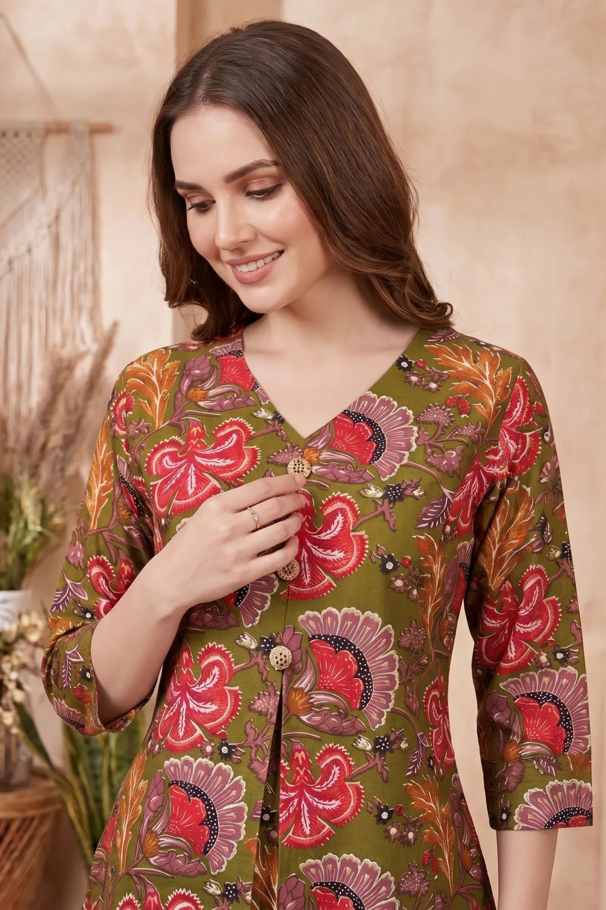 Olive Green Kalamkari Print A Line Long Kurta with V Neck