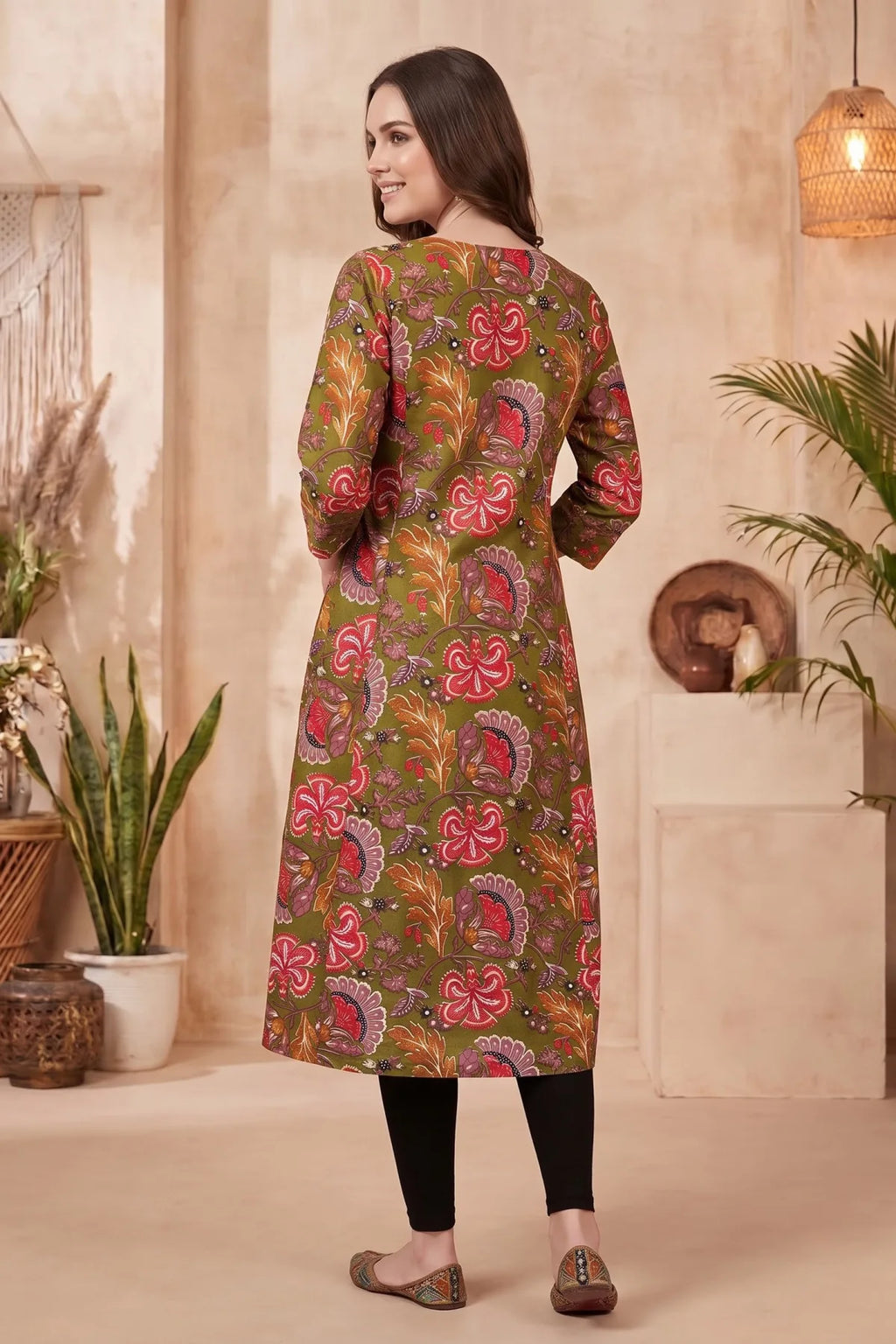 Olive Green Kalamkari Print A Line Long Kurta with V Neck