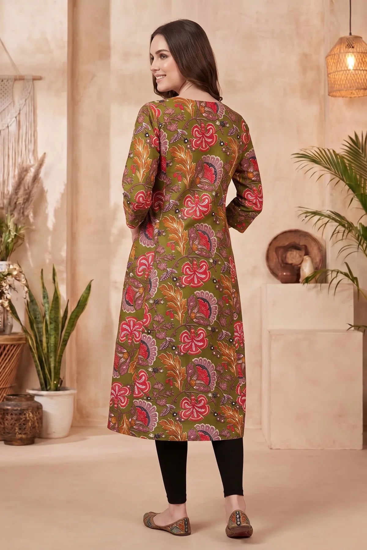 Olive Green Kalamkari Print A Line Long Kurta with V Neck