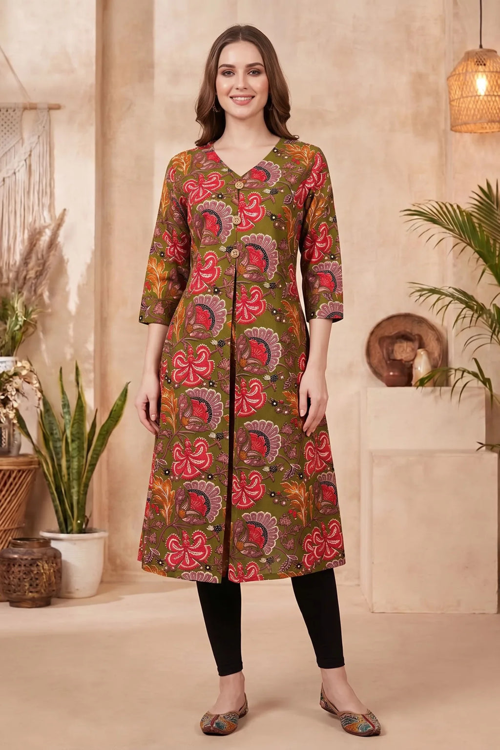 Olive Green Kalamkari Print A Line Long Kurta with V Neck