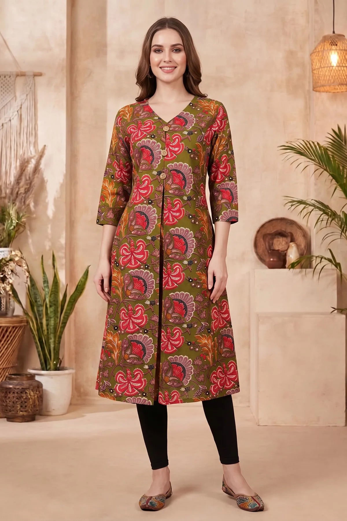 Olive Green Kalamkari Print A Line Long Kurta with V Neck