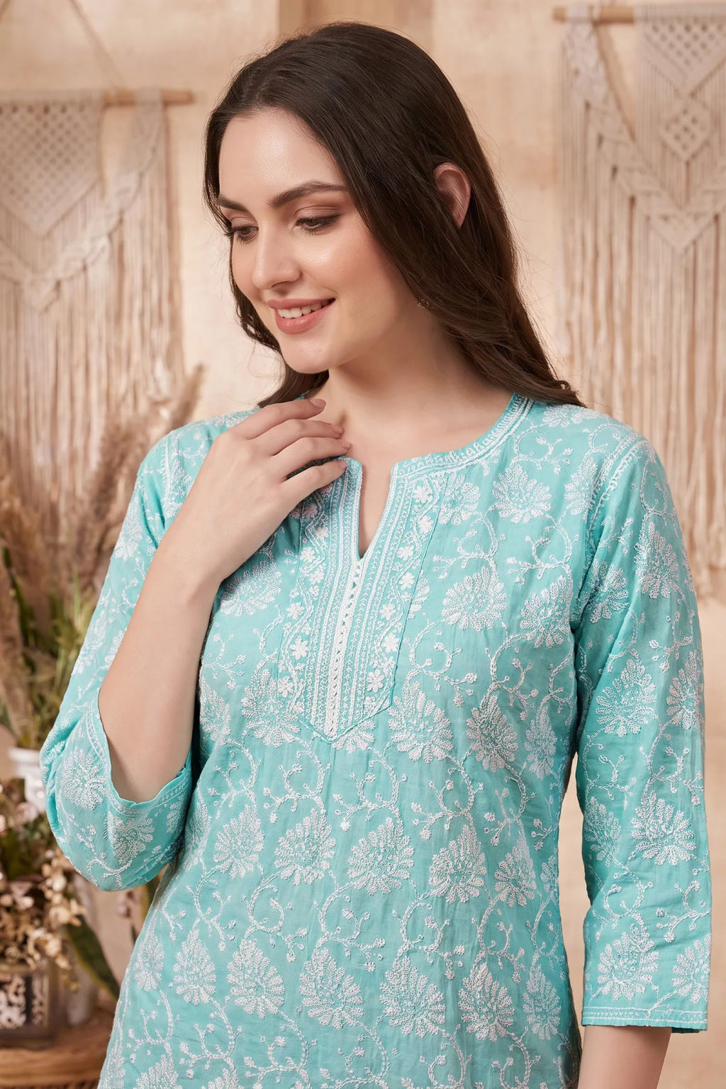 Phirozi Cotton Long Kurti with Chikankari Embroidery