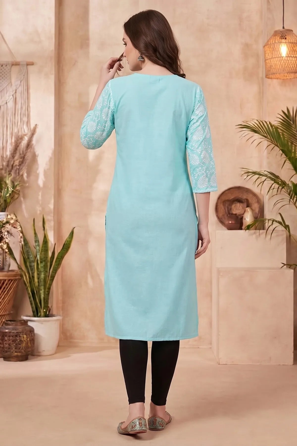 Phirozi Cotton Long Kurti with Chikankari Embroidery