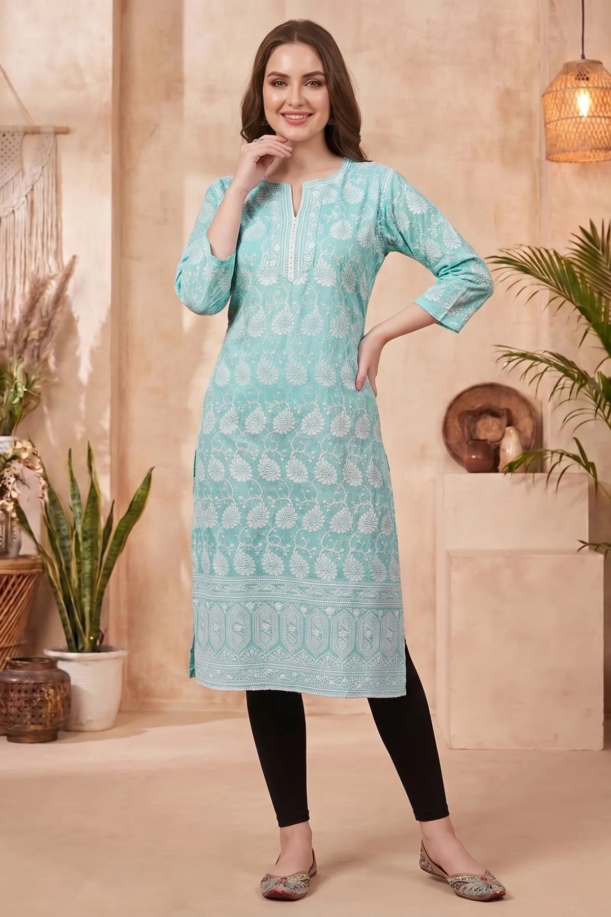 Phirozi Cotton Long Kurti with Chikankari Embroidery