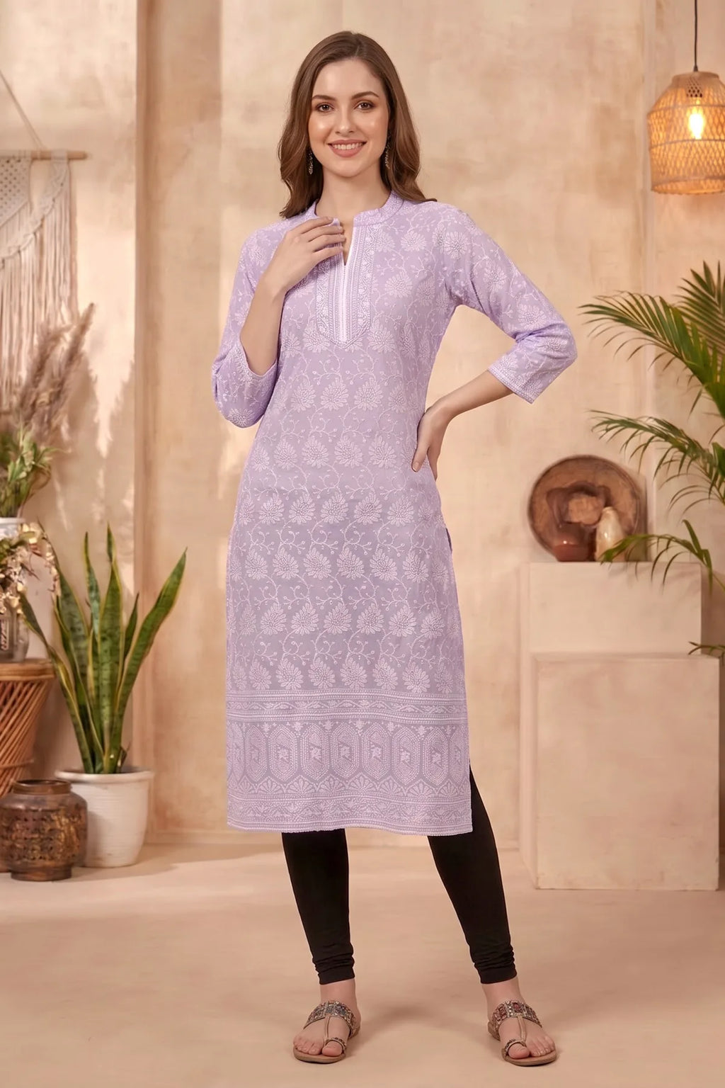 Purple Cotton Long Kurta with Chikankari Embroidery and Band Collar