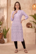 Purple Cotton Long Kurta with Chikankari Embroidery and Band Collar