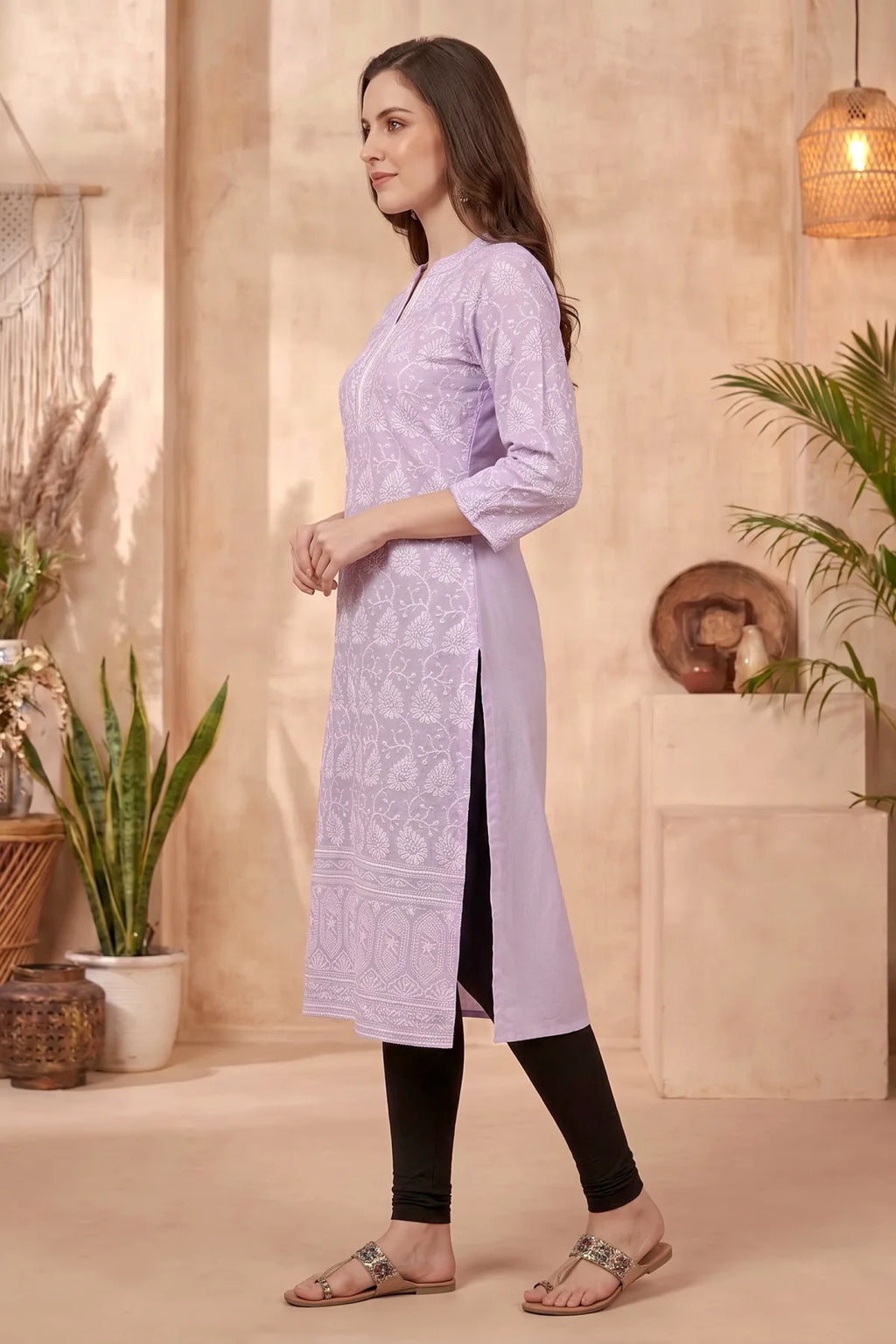 Purple Cotton Long Kurta with Chikankari Embroidery and Band Collar