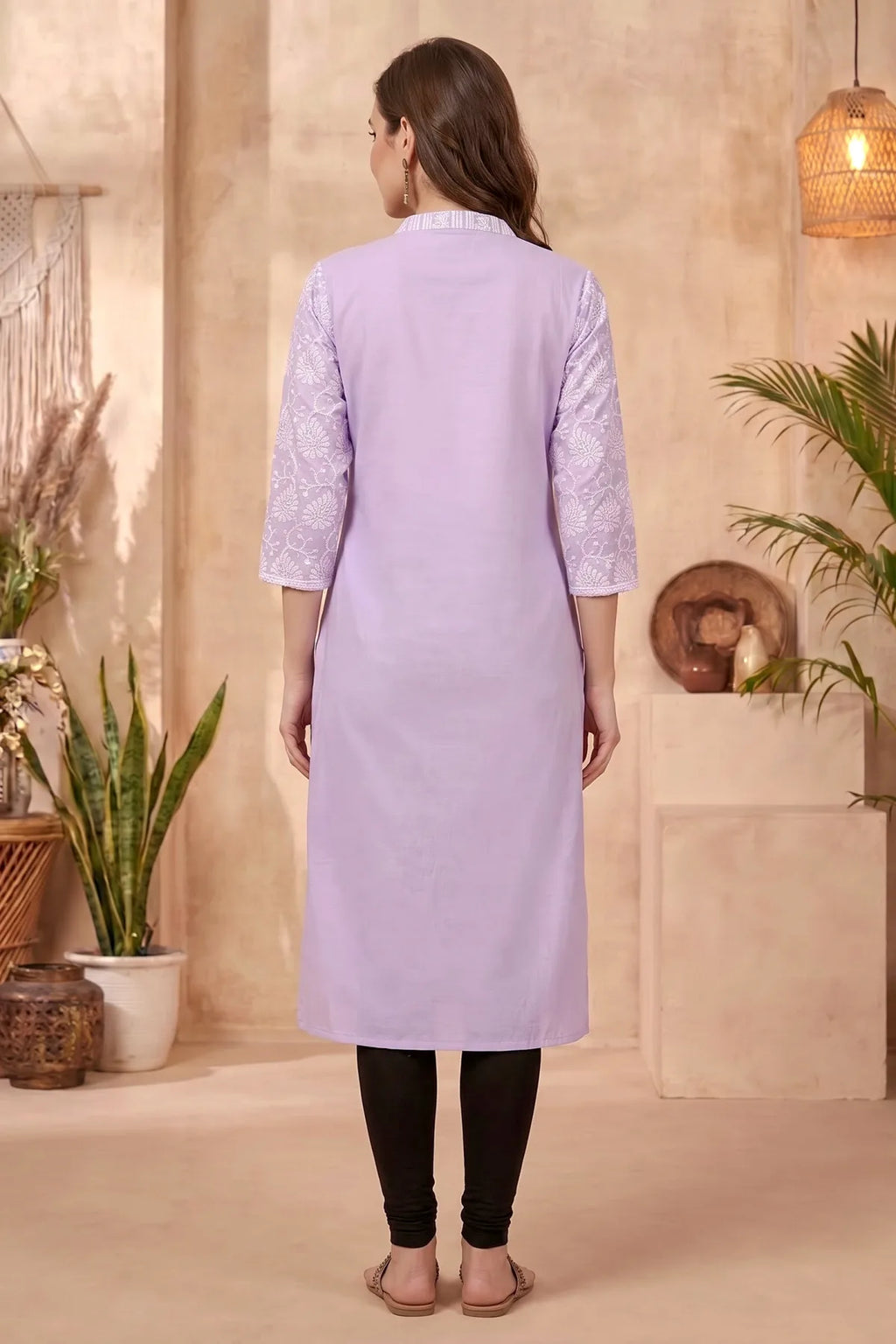 Purple Cotton Long Kurta with Chikankari Embroidery and Band Collar