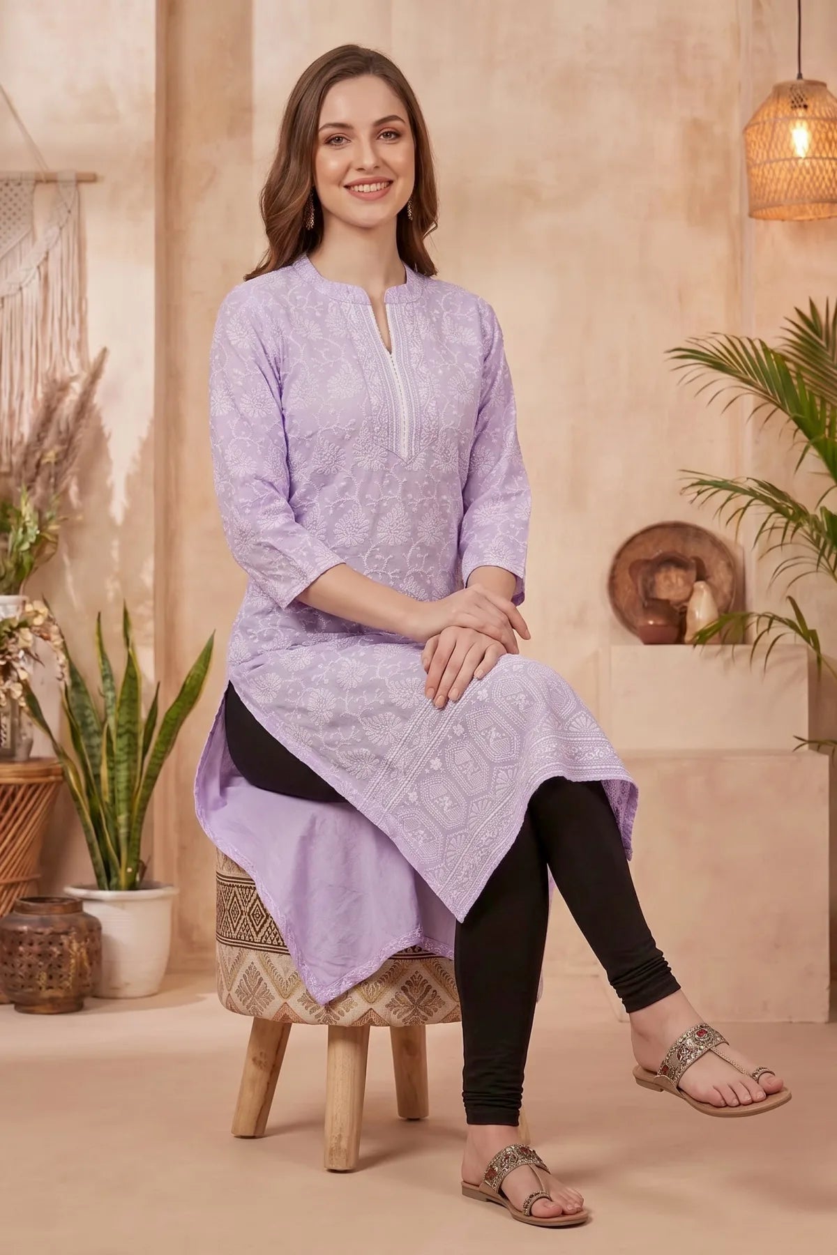 Purple Cotton Long Kurta with Chikankari Embroidery and Band Collar
