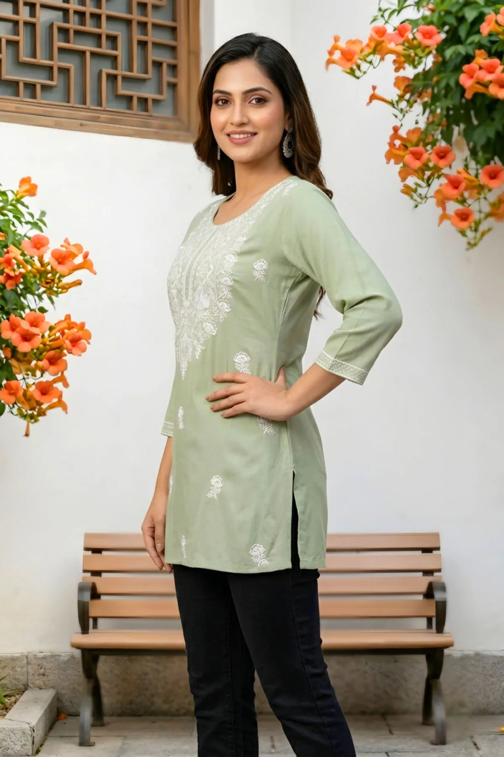 Pista Rayon Short Kurti with Chikankari Embroidery