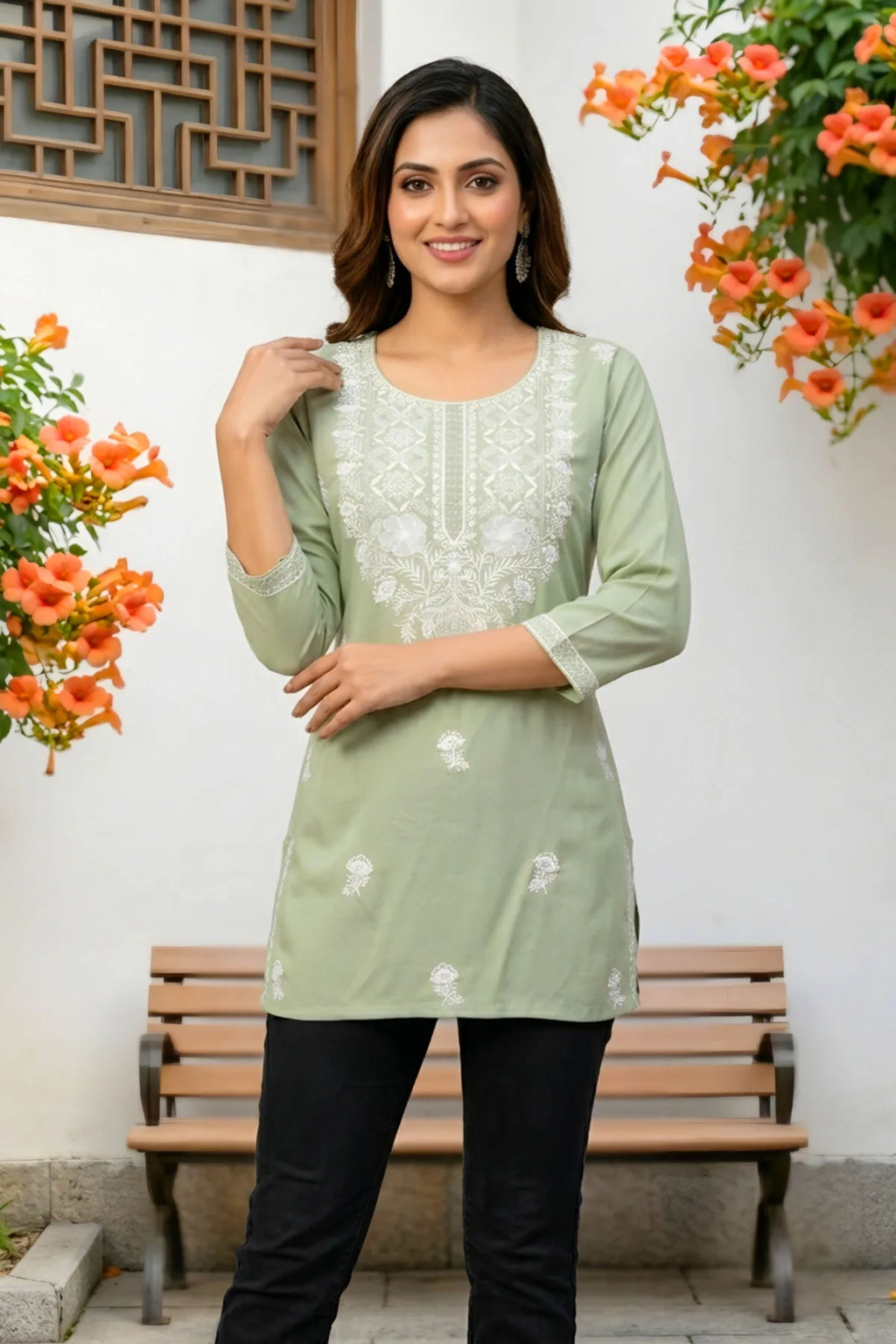 Pista Rayon Short Kurti with Chikankari Embroidery
