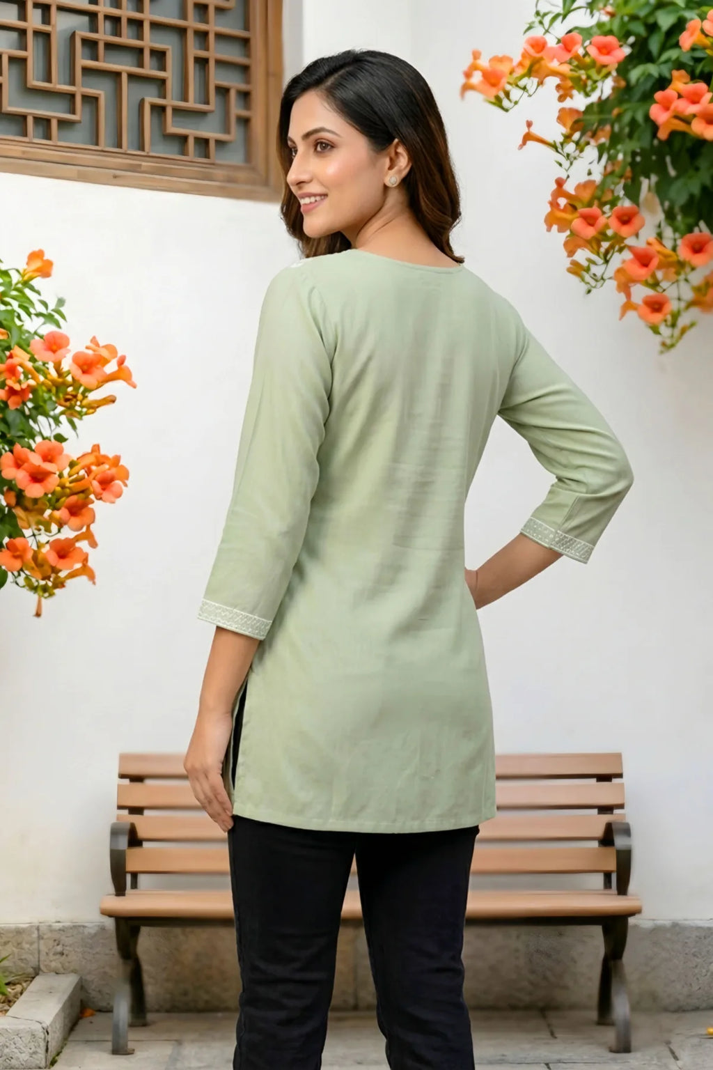 Pista Rayon Short Kurti with Chikankari Embroidery